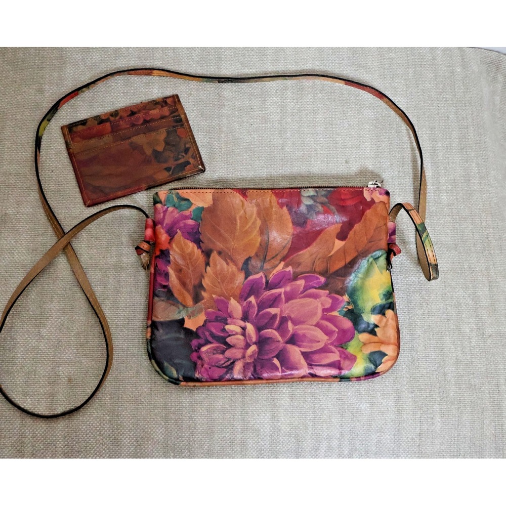 Crossbody Purse and Cardholder Brown Pink Leather Floral Print Handbag